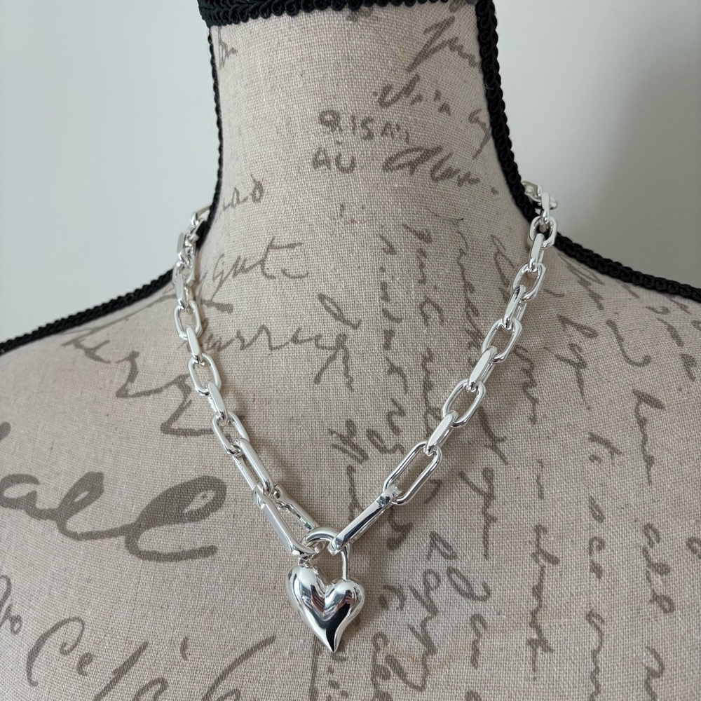 Jenny Bird Padlock Heart Pendant Link Necklace, Silver - Picture 13 of 15